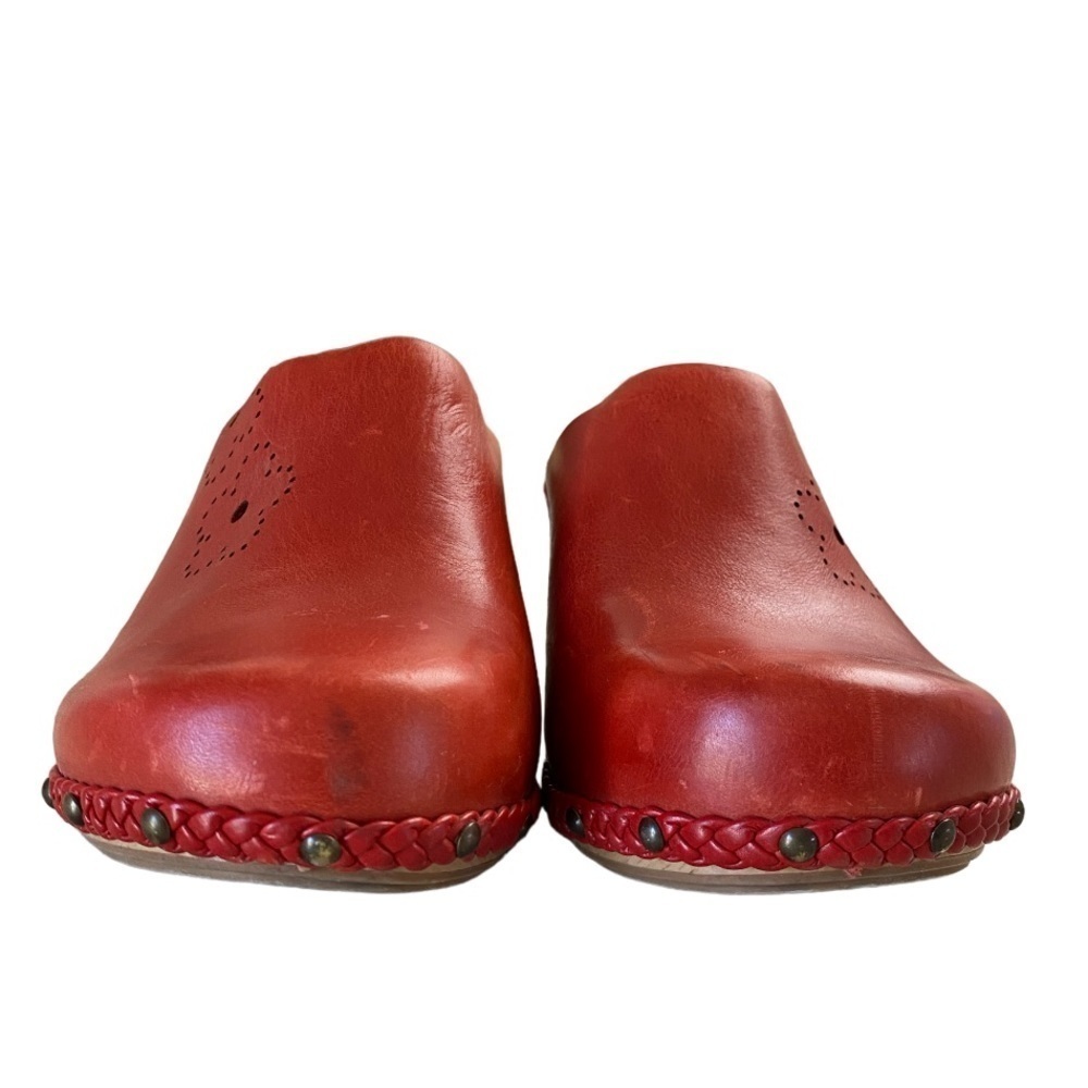 Dansko Red Leather Platform Clogs with Perforated Floral Detail - Picture 4 of 10